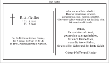 Traueranzeige von Rita Pfeiffer von Tageszeitung