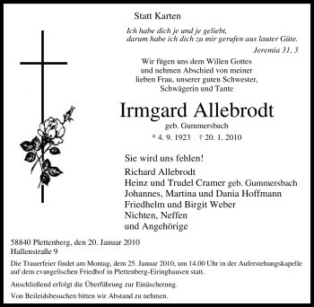 Traueranzeige von Irmgard Allebrodt von Tageszeitung