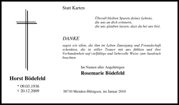 Traueranzeige von Horst Bödefeld von Tageszeitung