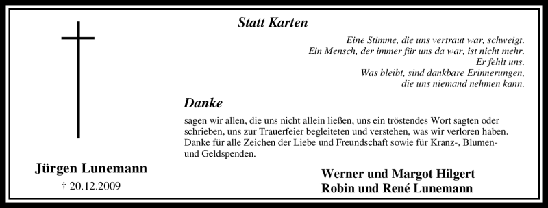  Traueranzeige für Jürgen Lunemann vom 16.01.2010 aus Tageszeitung