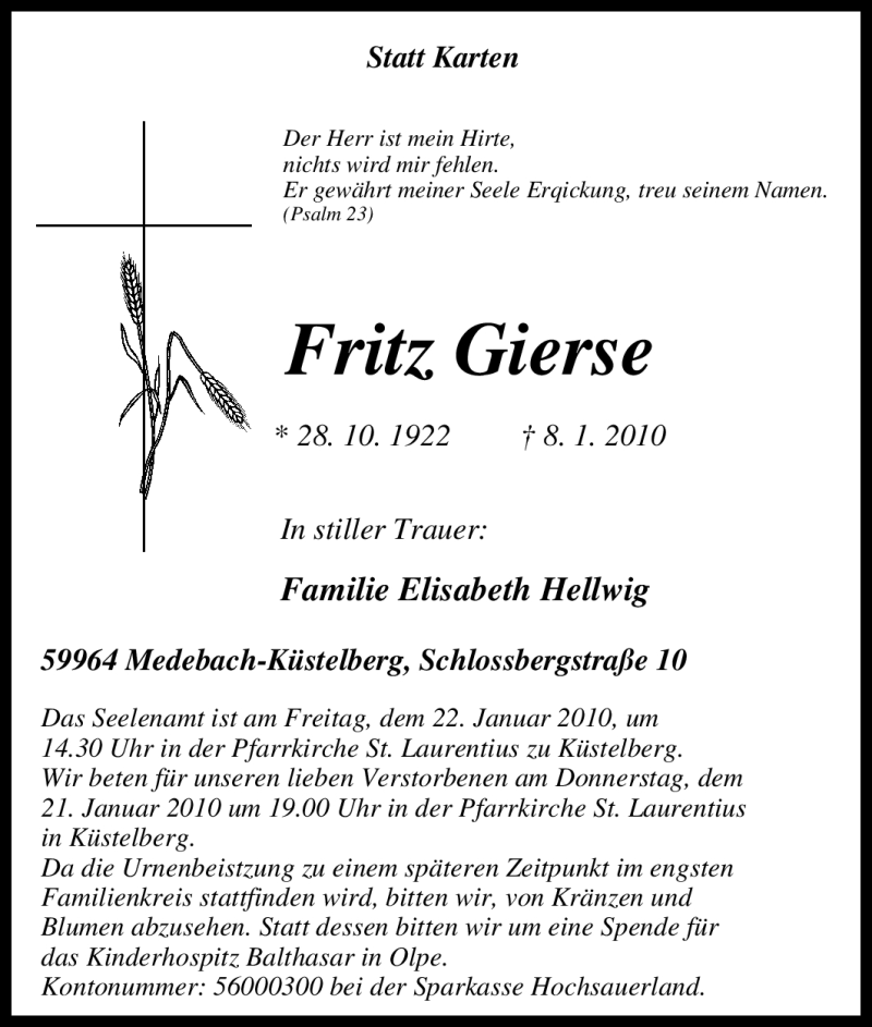  Traueranzeige für Fritz Gierse vom 20.01.2010 aus Tageszeitung