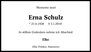 Traueranzeige von Erna Schulz von Tageszeitung
