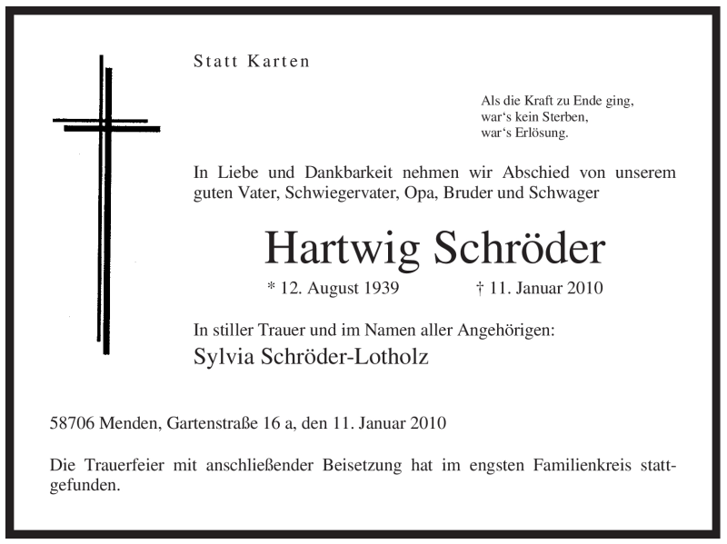  Traueranzeige für Hartwig Schröder vom 16.01.2010 aus Tageszeitung
