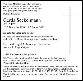 Traueranzeige von Gerda Seckelmann von Tageszeitung