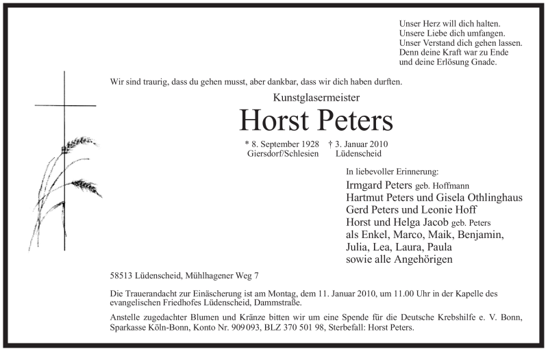  Traueranzeige für Horst Peters vom 08.01.2010 aus Tageszeitung