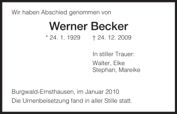 Traueranzeige von Werner Becker von Tageszeitung