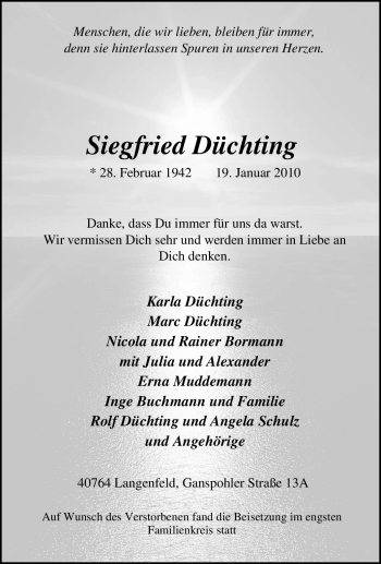 Traueranzeige von Siegfried Düchting von Tageszeitung