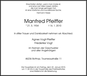 Traueranzeige von Manfred Pfeiffer von Tageszeitung