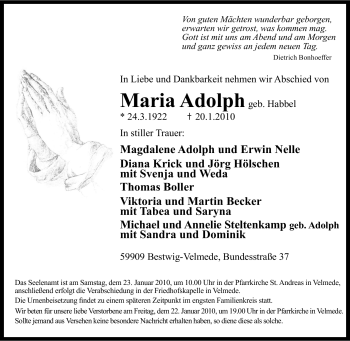 Traueranzeige von Maria Adolph von Tageszeitung
