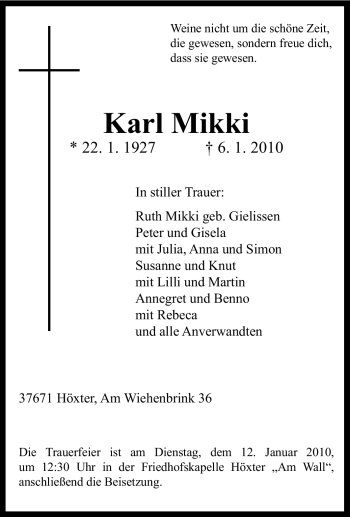 Traueranzeige von Karl Mikki von Tageszeitung