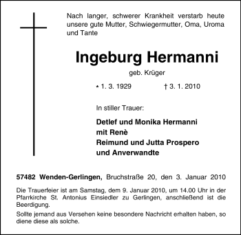 Traueranzeige von Ingeburg Hermanni von Tageszeitung