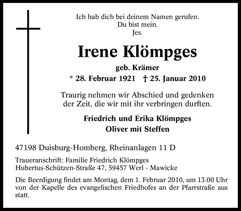  Traueranzeige für Irene Klömpges vom 27.01.2010 aus Tageszeitung