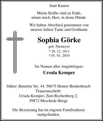 Traueranzeige von Sophia Görke von Tageszeitung