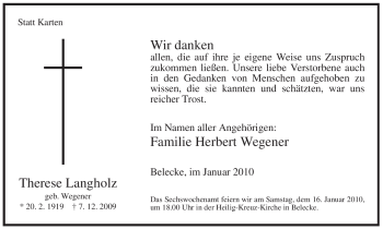 Traueranzeige von Therese Langholz von Tageszeitung