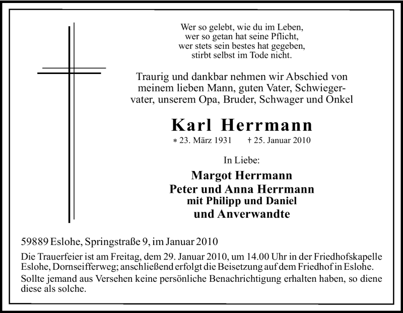 Traueranzeigen von Karl Herrmann TrauerinNRW.de