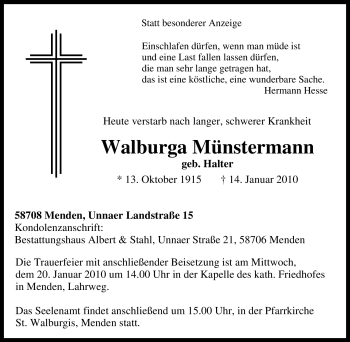 Traueranzeige von Walburga Münstermann von Tageszeitung