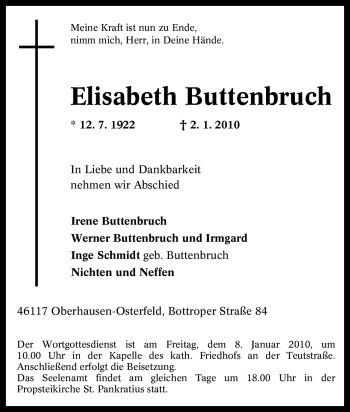 Traueranzeige von Elisabeth Buttenbruch von Tageszeitung