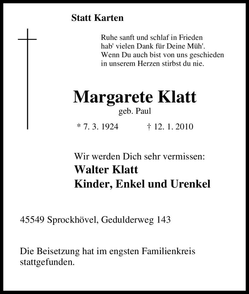  Traueranzeige für Margarete Klatt vom 27.01.2010 aus Tageszeitung