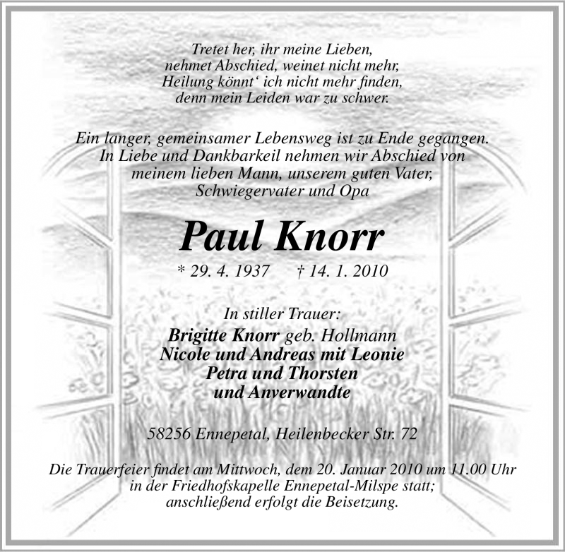  Traueranzeige für Paul Knorr vom 16.01.2010 aus Tageszeitung
