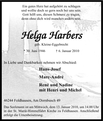 Traueranzeige von Helga Harbers von Tageszeitung