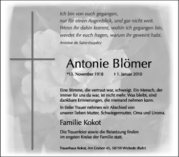 Traueranzeige von Antonie Blömer von Tageszeitung