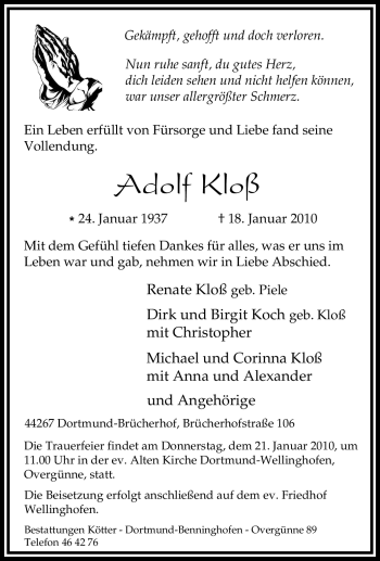 Traueranzeige von Adolf Kloß von Tageszeitung
