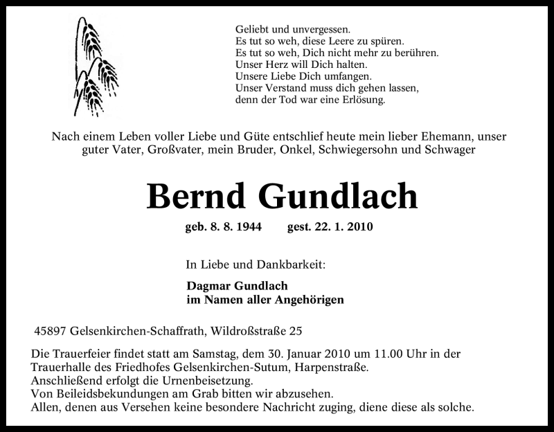  Traueranzeige für Bernd Gundlach vom 26.01.2010 aus Tageszeitung