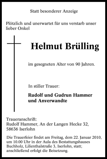 Traueranzeige von Helmut Brülling von Tageszeitung