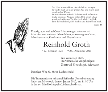 Traueranzeige von Reinhold Groth von Tageszeitung