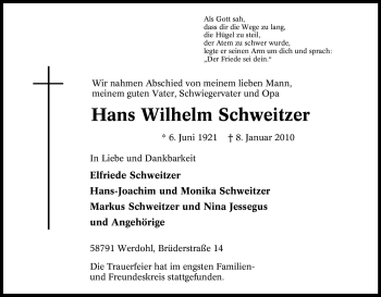 Traueranzeige von Hans Wilhelm Schweitzer von Tageszeitung