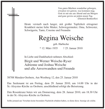 Traueranzeige von Regina Weische von Tageszeitung