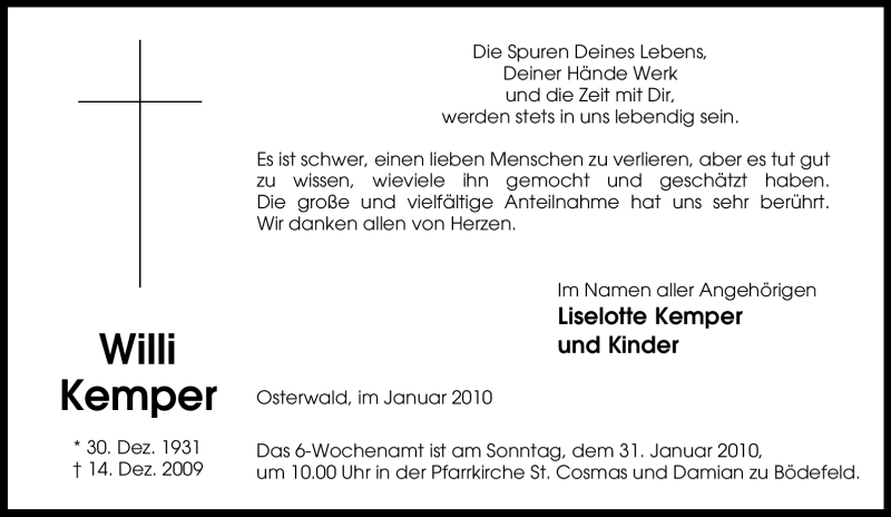  Traueranzeige für Willi Kemper vom 25.01.2010 aus Tageszeitung