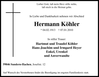 Traueranzeige von Hermann Köhler von Tageszeitung
