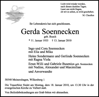 Traueranzeige von Gerda Soennecken von Tageszeitung