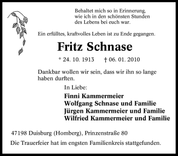 Traueranzeige von Fritz Schnase von Tageszeitung