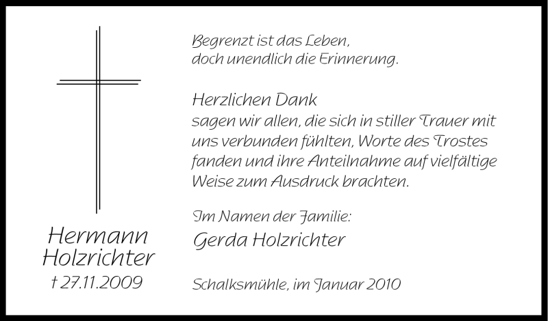  Traueranzeige für Hermann Holzrichter vom 15.01.2010 aus Tageszeitung