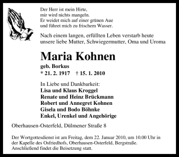 Traueranzeige von Maria Kohnen von Tageszeitung