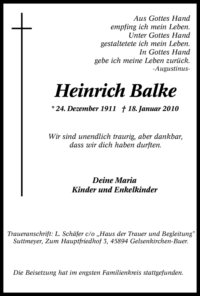  Traueranzeige für Heinrich Balke vom 25.01.2010 aus Tageszeitung