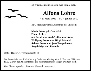 Traueranzeige von Alfons Lohre von Tageszeitung