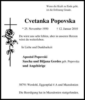 Traueranzeige von Cvetanka Popovska von Tageszeitung
