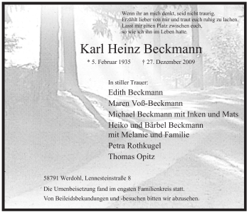 Traueranzeige von Karl Heinz Beckmann von Tageszeitung