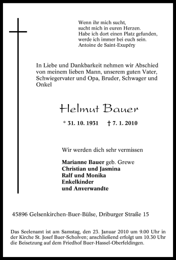 Traueranzeige von Helmut Bauer von Tageszeitung