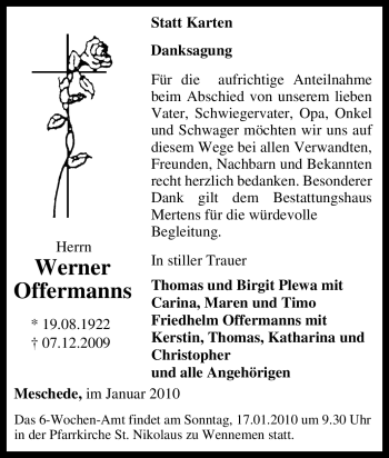 Traueranzeige von Werner Offermanns von Tageszeitung