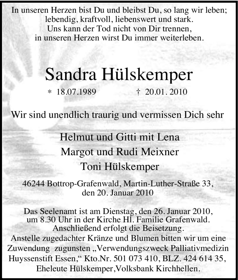  Traueranzeige für Sandra Hülskemper vom 23.01.2010 aus Tageszeitung