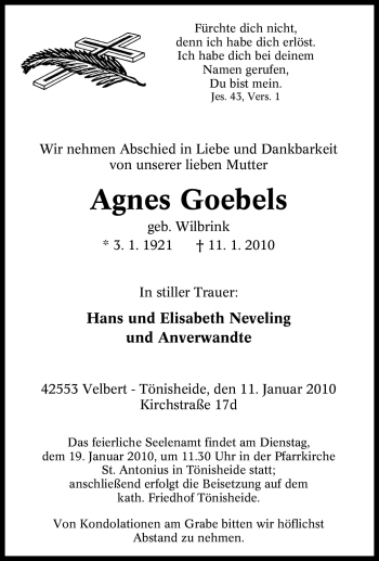 Traueranzeige von Agnes Goebels von Tageszeitung