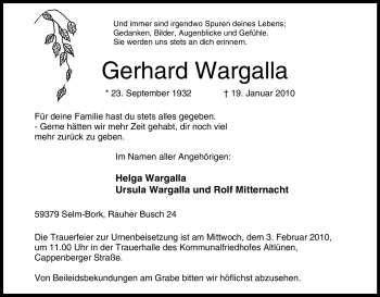 Traueranzeige von Gerhard Wargalla von Tageszeitung