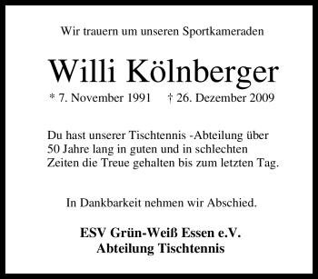 Traueranzeige von Willi Kölnberger von Tageszeitung