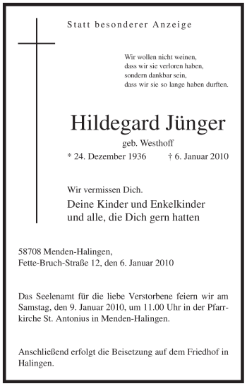 Traueranzeige von Hildegard Jünger von Tageszeitung