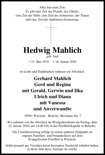 Traueranzeige von Hedwig Mahlich von Tageszeitung