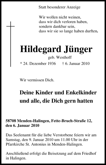 Traueranzeige von Hildegard Jünger von Tageszeitung